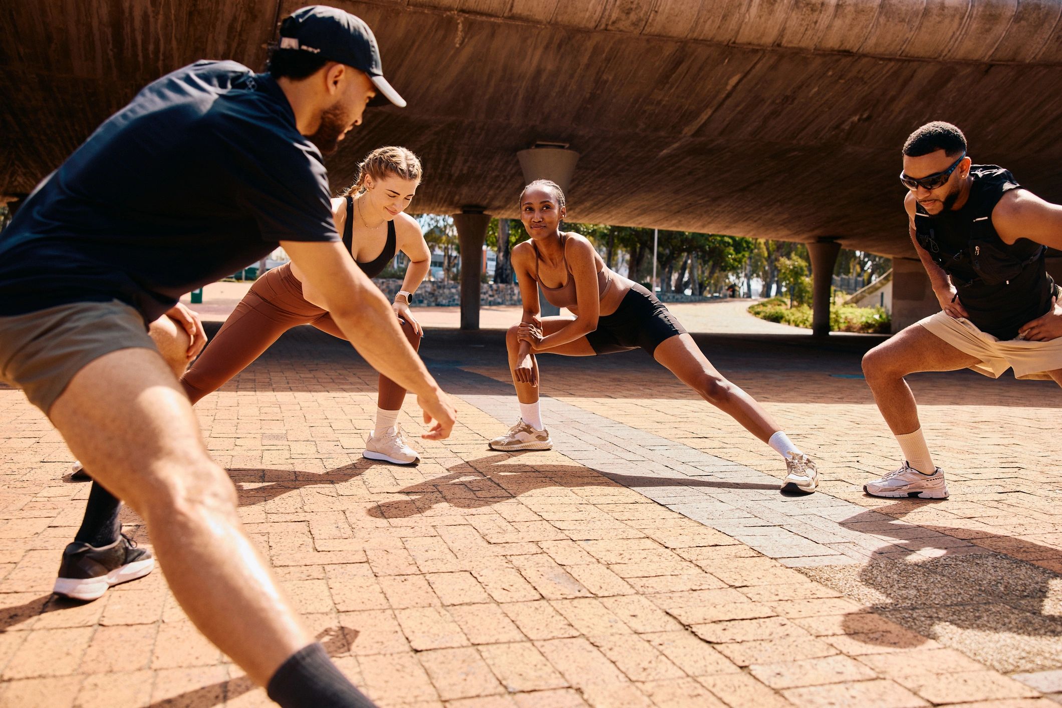 Active adults training together outdoors